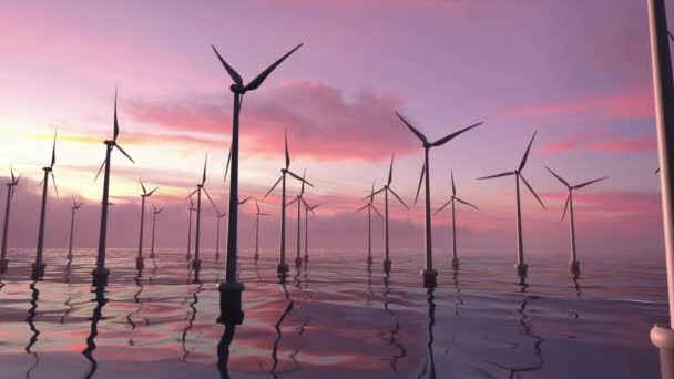 Větrné farmy v moři při krásném růžovém západu slunce — Stock video