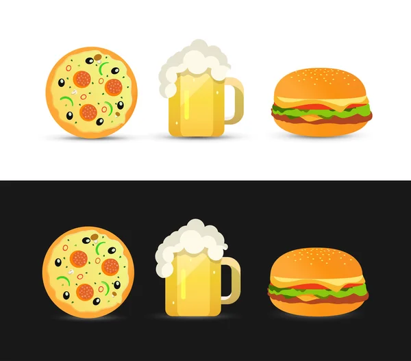 Pizza savoureuse, bière et hamburger — Image vectorielle