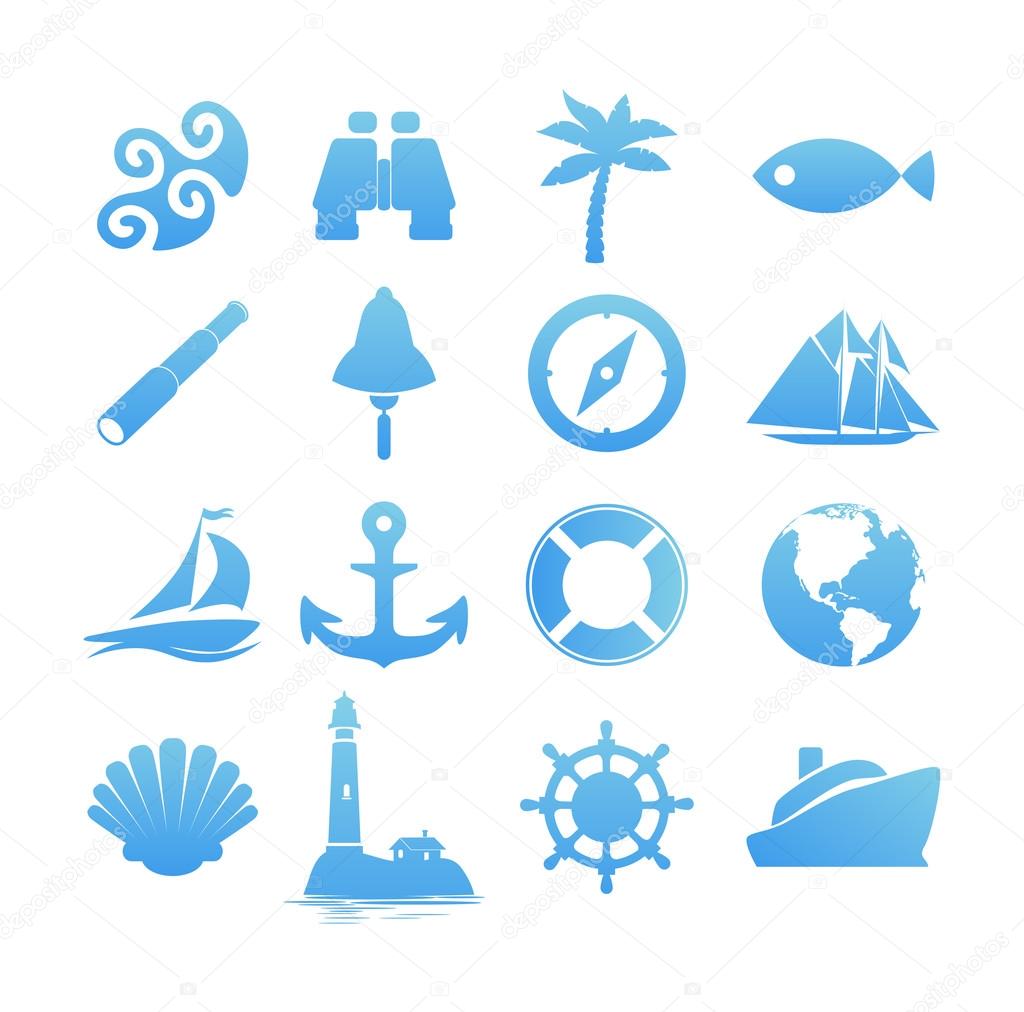Big Vector set of Nautical icons for Vacation and Travel on yacht or sailboat in blue color isolated on white. Tools and Instruments for Journey