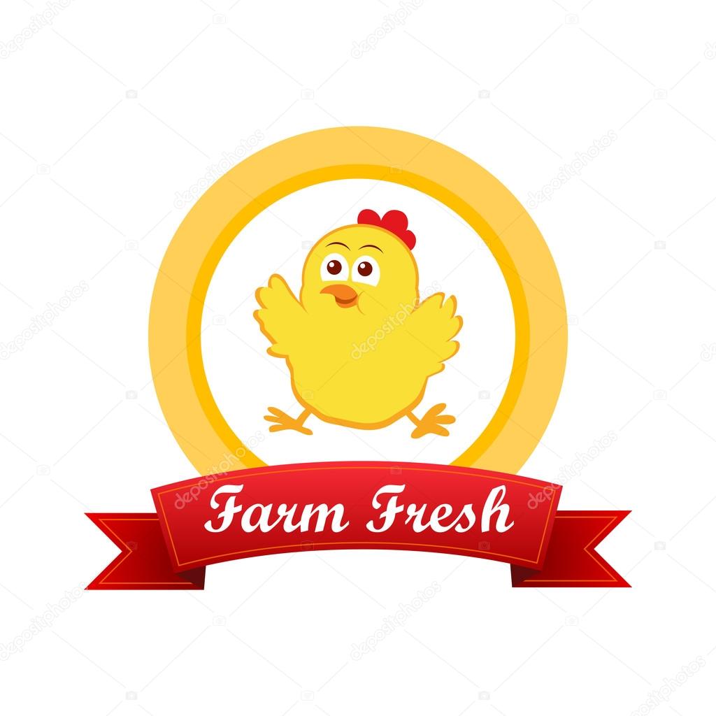 Emblem with cute yellow chicken with ribbon and caption Fresh Farm, Vector Illustration isolated on white background
