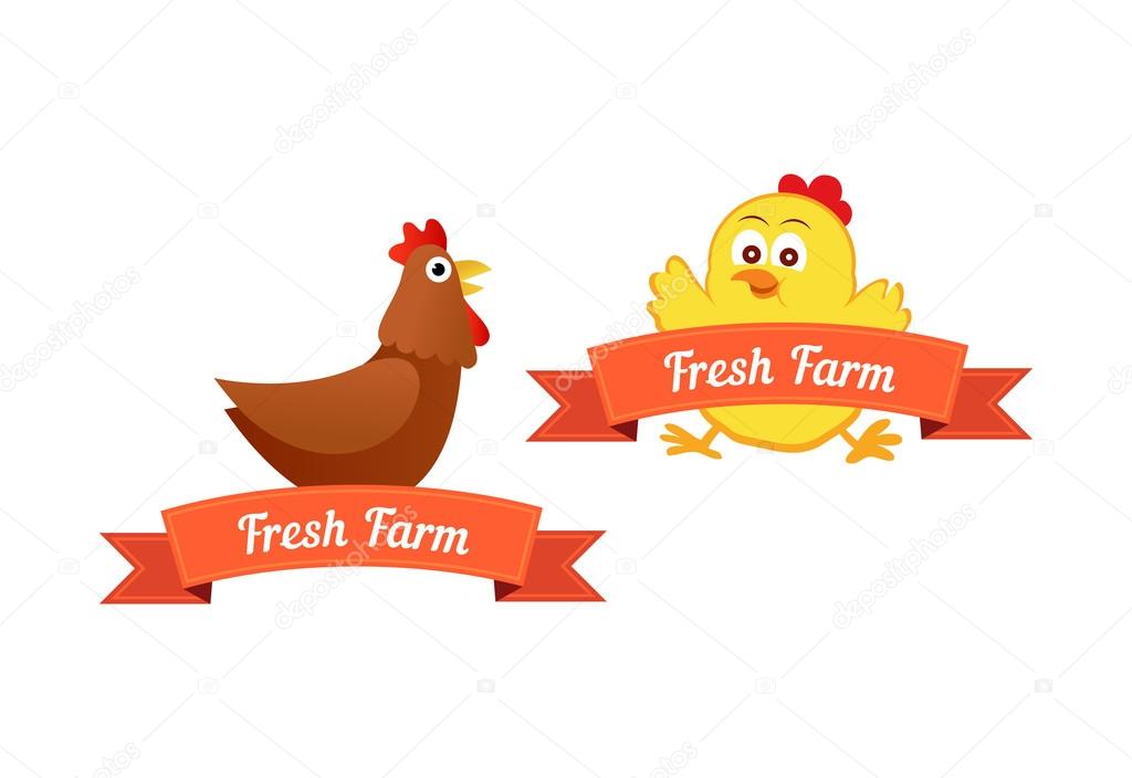 Set of emblems with Chickens and captions Fresh Farm, Vector Illustrations isolated on white background