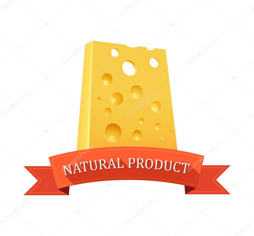 Piece of Swiss Cheese with red Ribbon and caption, Natural Product, Vector Icon isolated on white background