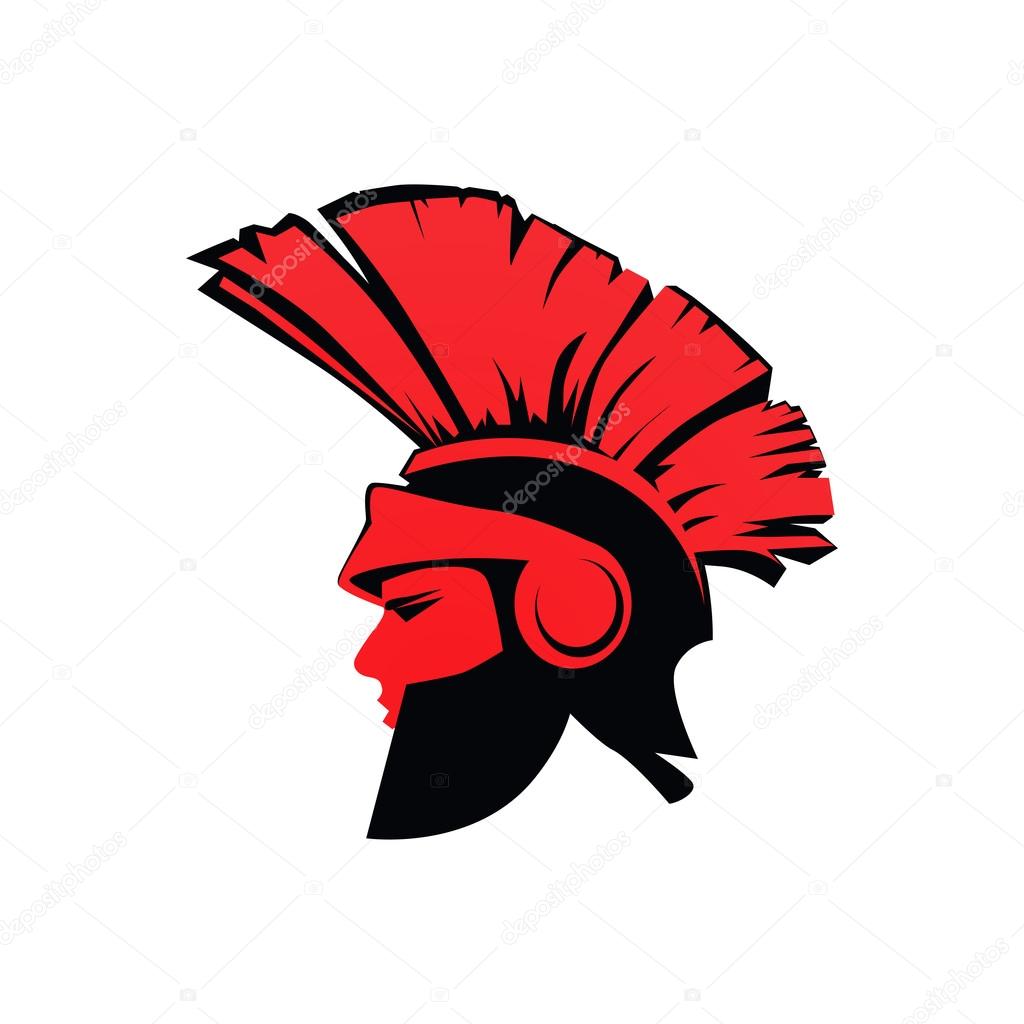 Trojan Spartan Warrior with Helmet in red color, Flat Vector Illustration