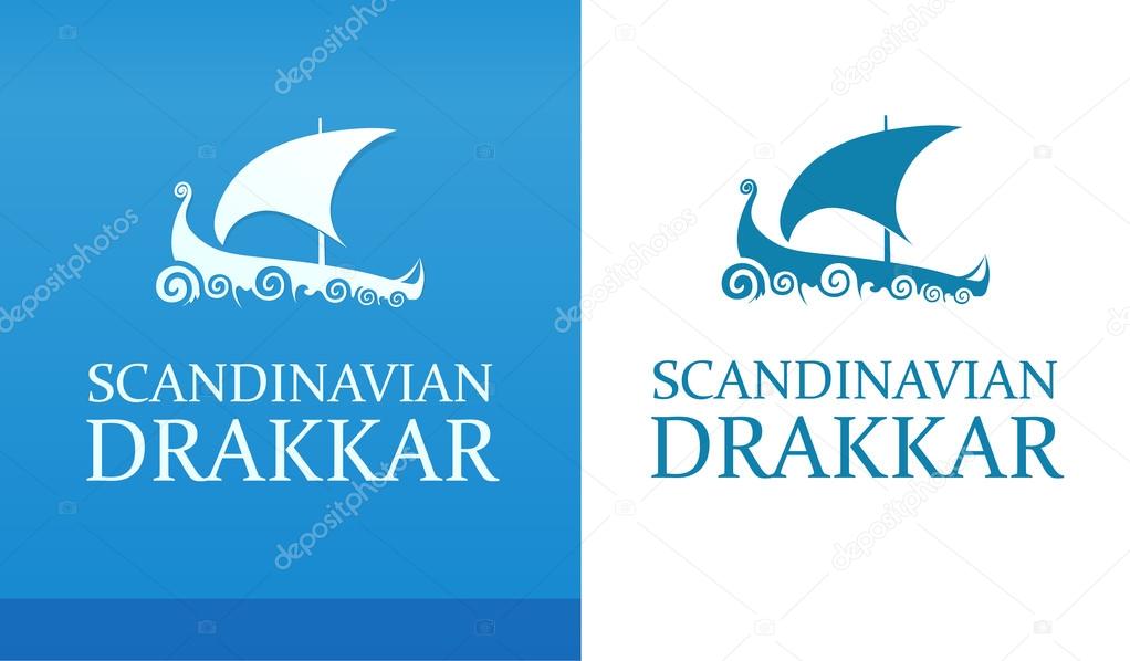 Logo with Nordic Drakkar on white and blue background isolated.