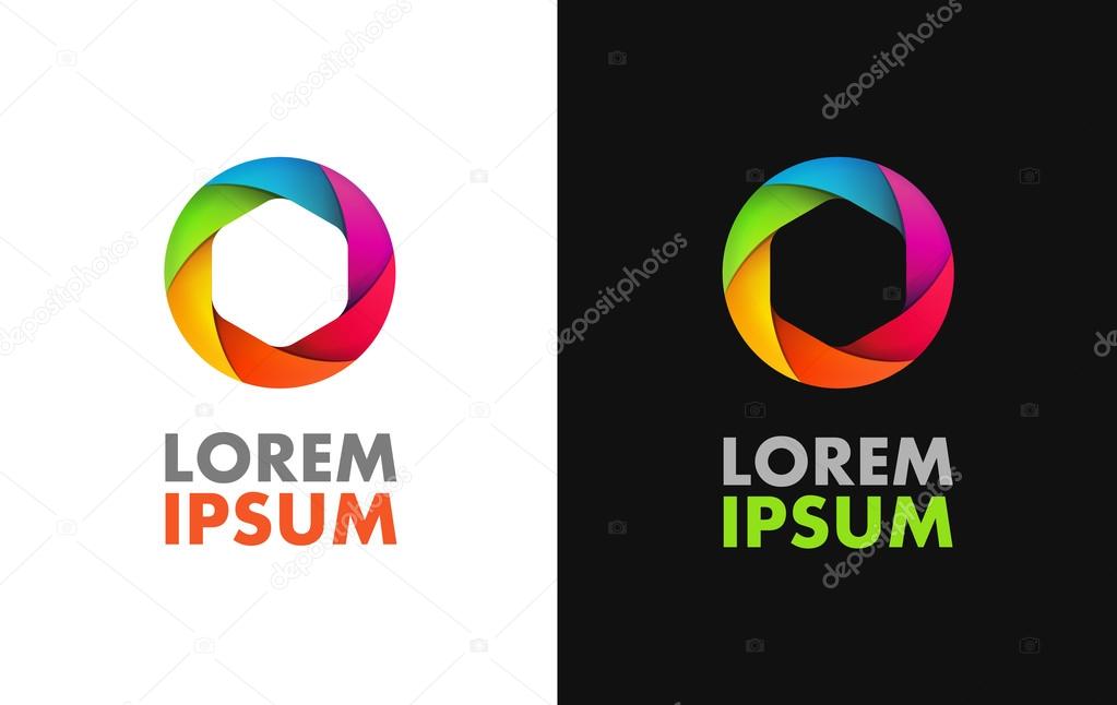 Photo logo template. Colorful diaphragm icon of shutter. Vector illustration with caption