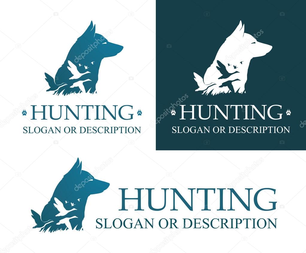Image of Hunting dog and ducks - Laika on white and dark background isolated with title and description, Vector Illustration