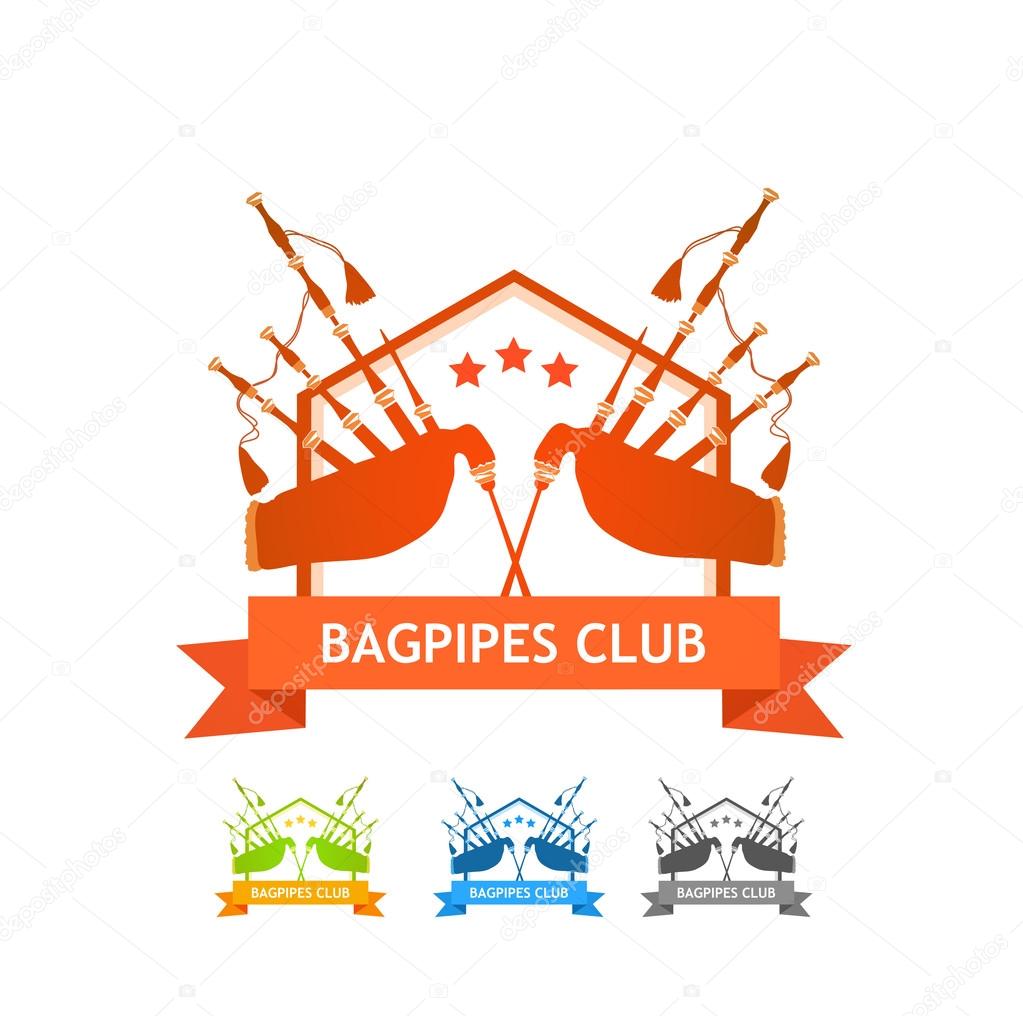 Logo with Great Highland Bagpipes for Pipers Club in red, green, blue and black colors isolated on white.