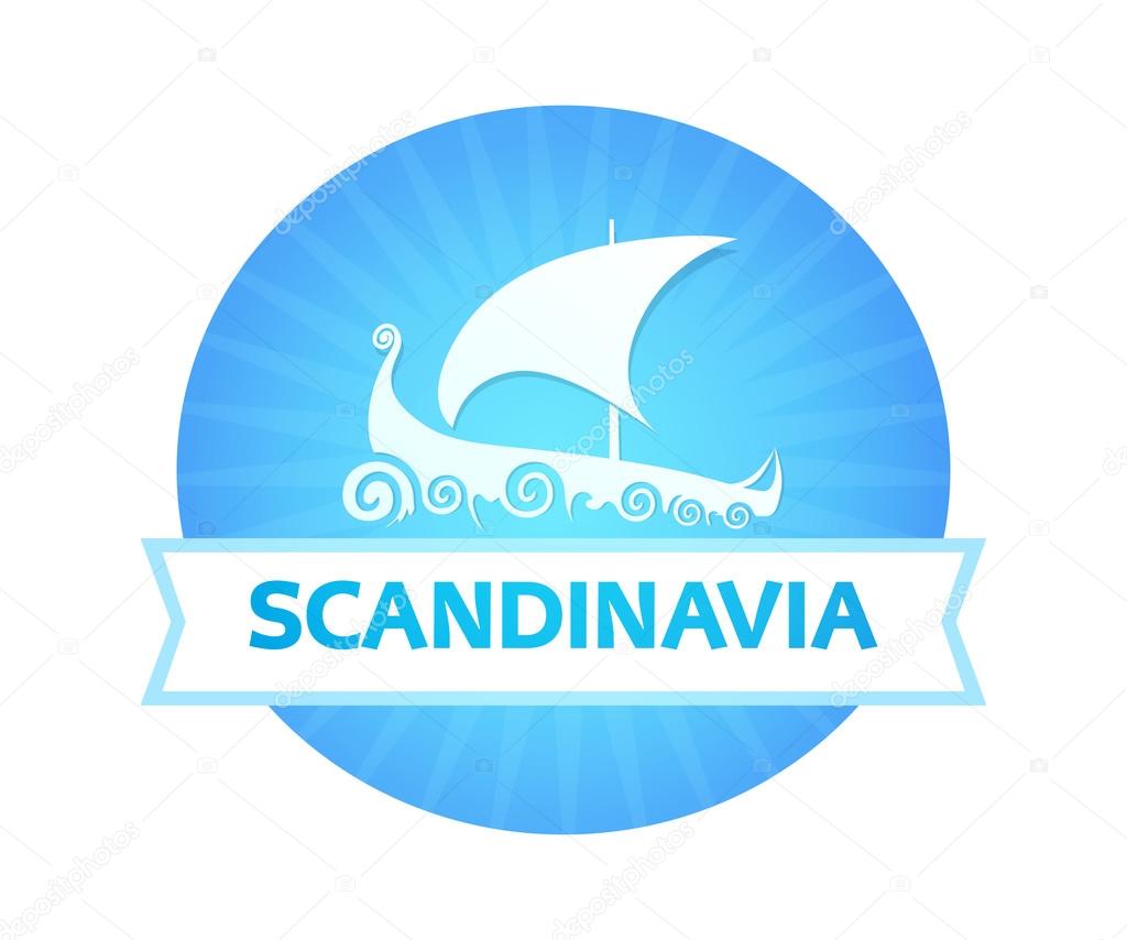 Logo as a badge with Scandinavian Drakkar Longship. Vector Illustration isolated on white.