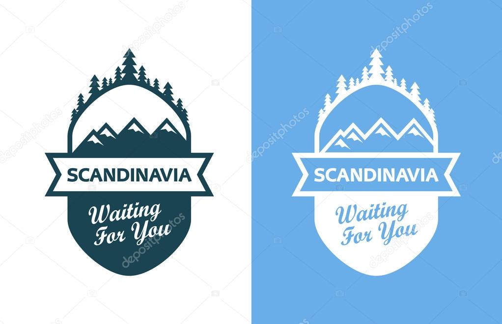 Tour to Scandinavia. Set of Badges, Emblems with north landscapes and captions. Vector Illustrations in blue colors isolated on blue and white background.