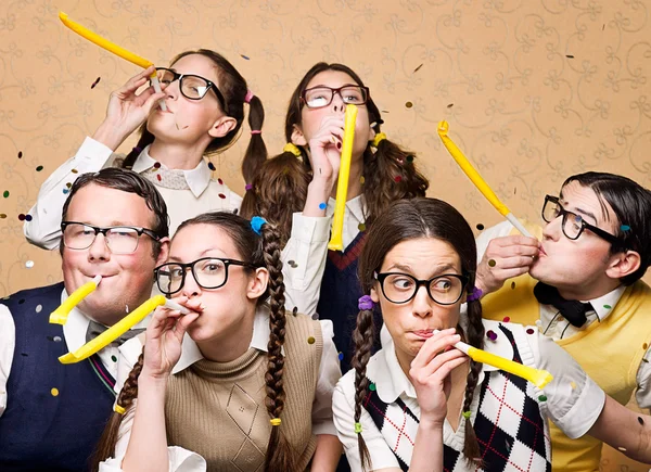 Nerd crew at the party — Stock Photo, Image