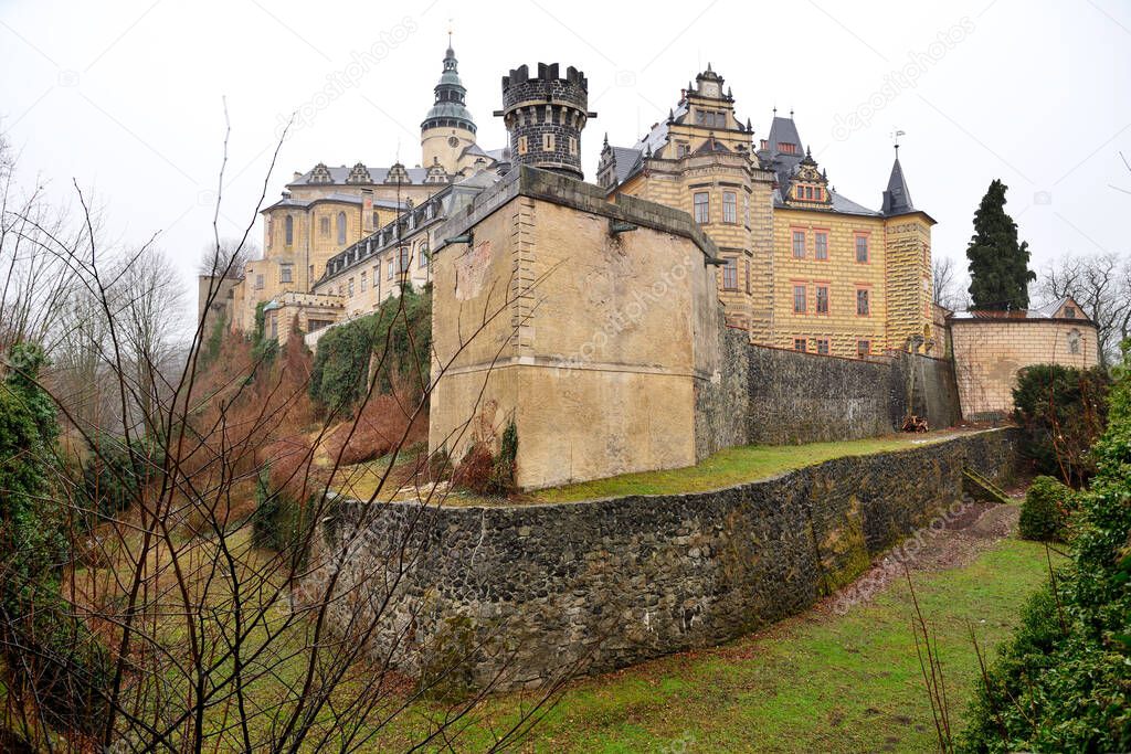 View of ancient Gothic Frydlant Castle on rock in winter, Czech Republic 