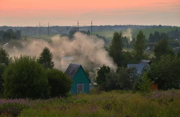 드미트리 산등성이 파노라마 여름해 모닥불 오르는 마을들 러시아 모스크바 세르기 — 스톡 사진