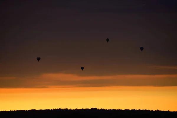 Varm Luft Ballonger Över Skogen Solnedgången Himlen Bakgrund — Stockfoto