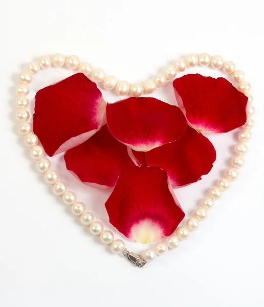 Pearl heart with red petals — Stock Photo, Image