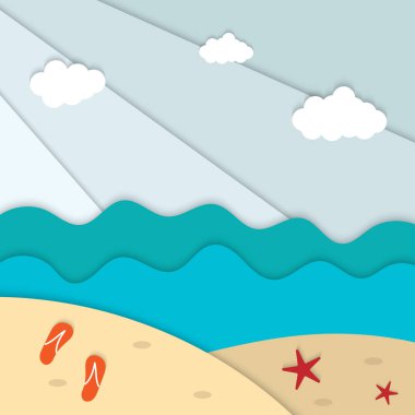 Merhaba Summer Beach kağıt kesim arka plan vektörü, okyanus manzaralı deniz yıldızı kağıt çizimi