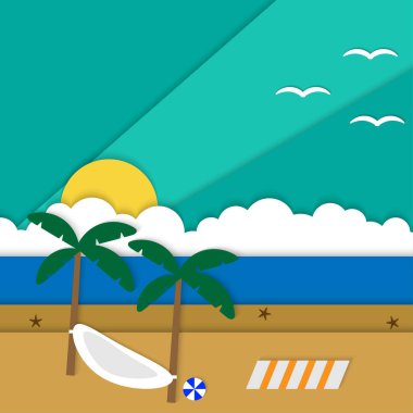 Plaj cenneti kağıt kesimi arka plan vektörü, yaz sezonu kağıt tasarımı illüstrasyonu