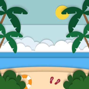 Tropikal plaj kağıdı arka plan vektörünü kes, yaz sezonu kağıt el işi tasarımı illüstrasyonunu