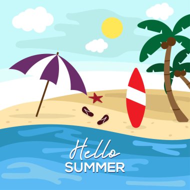 Merhaba yaz düz tasarım, cennet kumsalı tasarımı çizim şablonu