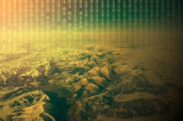 Conceptual image of mountains and binary code, showing a dystopian future with global environmental and computer problems.