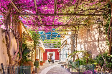 Positano, İtalya. 27 Mayıs 2020. Positano 'nun pitoresk caddesinde harika bir begonville kaplı pergola ile dar bir sokak..