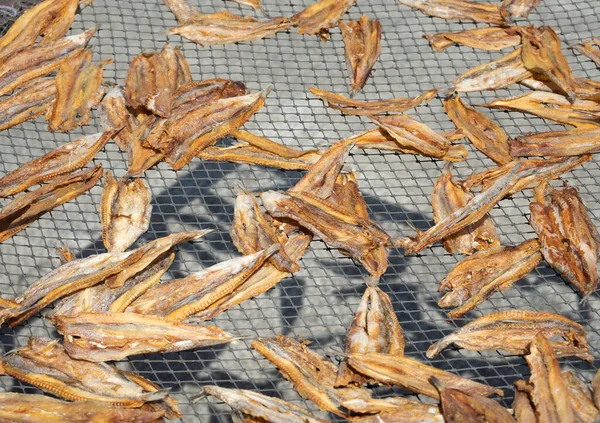 Ikan Kering Mengekspos Matahari Untuk Waktu Yang Lama Makanan Siap — Stok Foto