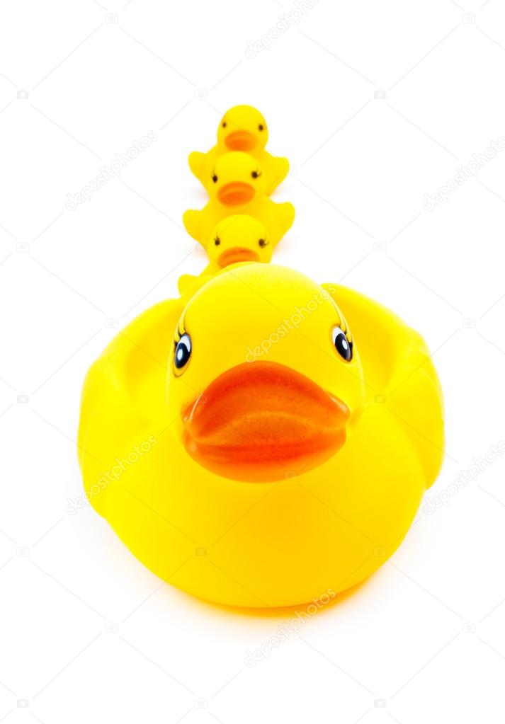 Yellow duck toy on white background