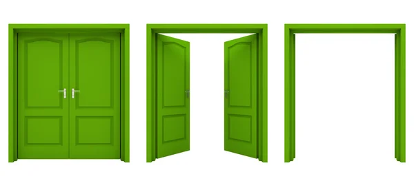 Nyitott zöld dupla ajtó elszigetelt fehér background. — Stock Fotó