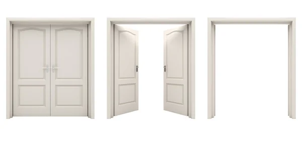 Puerta doble blanca abierta aislada sobre fondo blanco . Fotos de stock