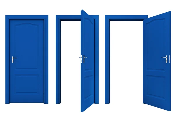 Відкриті сині двері ізольовані на білому тлі — стокове фото