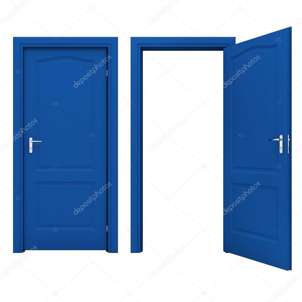 Open blue door isolated on a white background