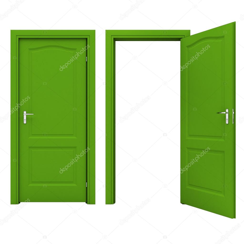 Open green door isolated on a white background