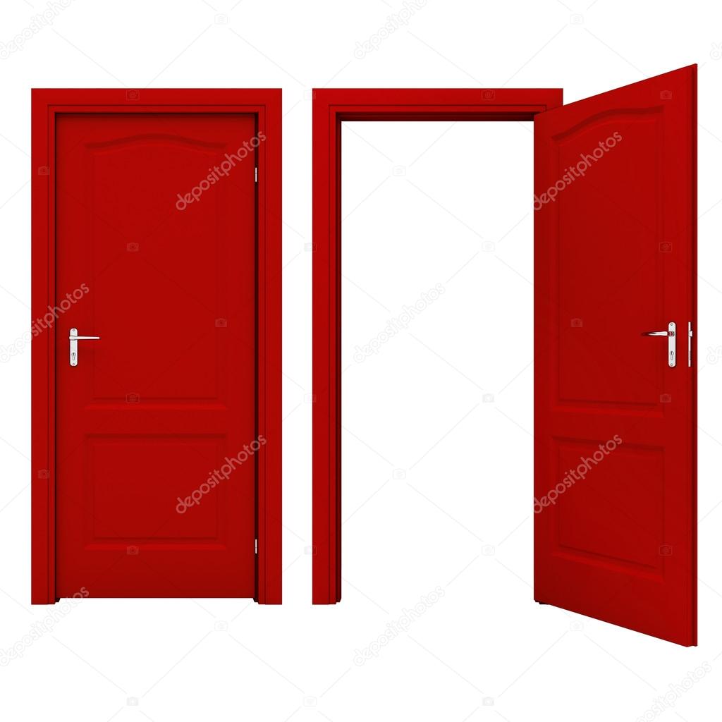 Open red door isolated on a white background