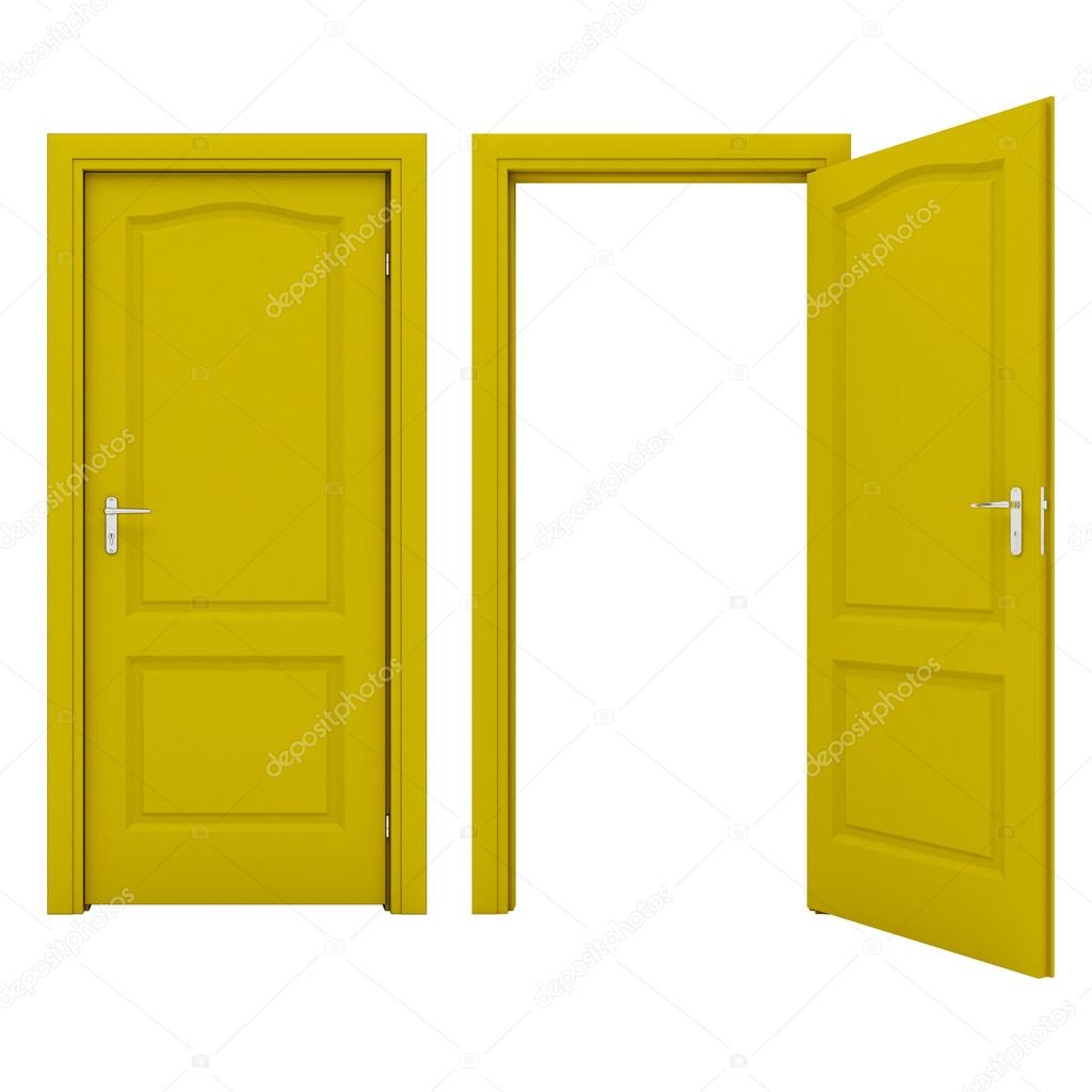Open yellow door isolated on a white background