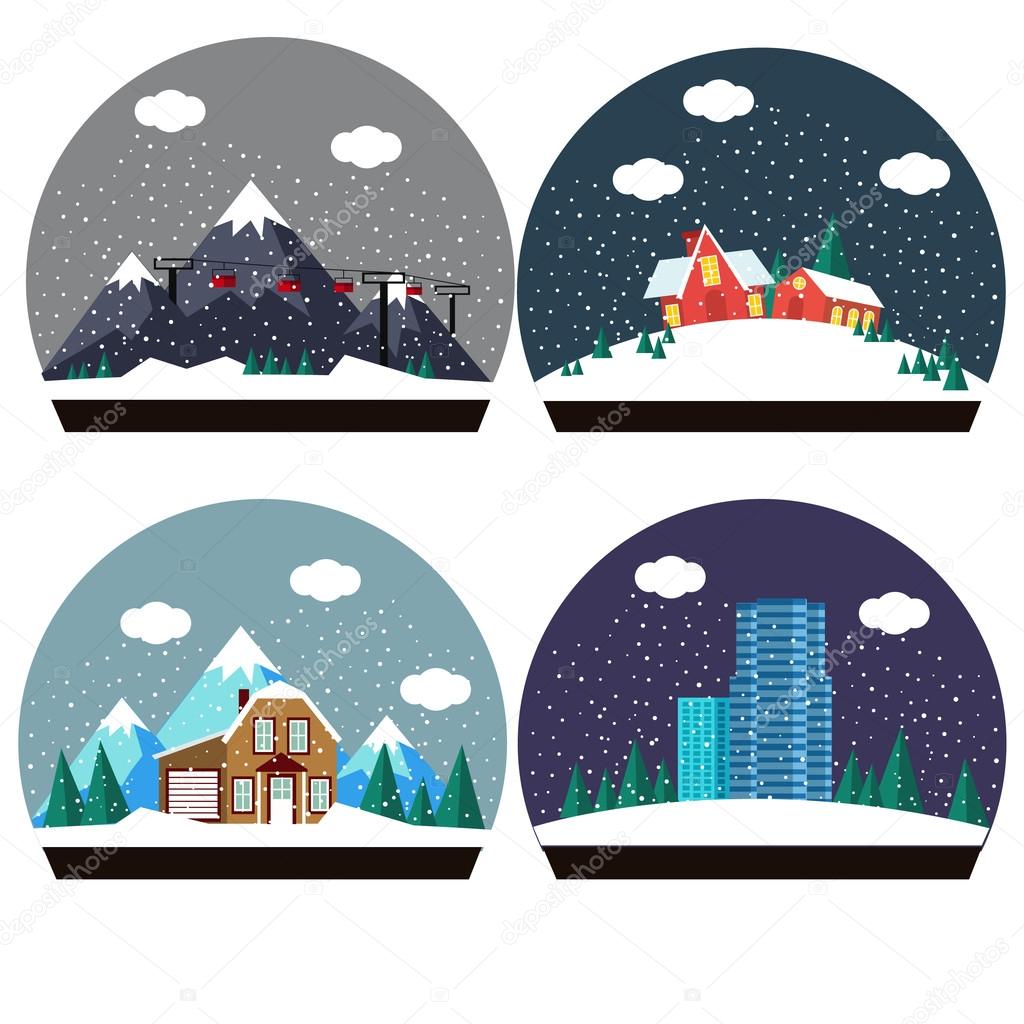 Winter houses illustrations
