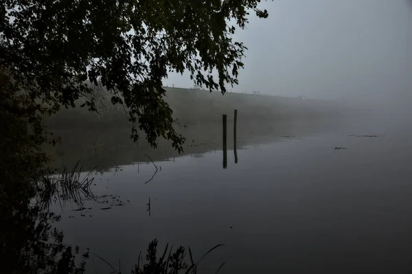 Danau Musim Gugur Pada Hari Berkabut Dibingkai Oleh Pohon Pedesaan — Stok Foto