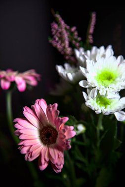 Kasımpatı buketi ve siyah arka planda gül olan gerberalar.