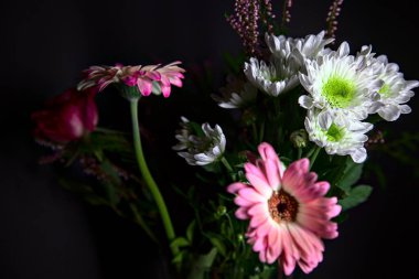 Kasımpatı buketi ve siyah arka planda gül olan gerberalar.