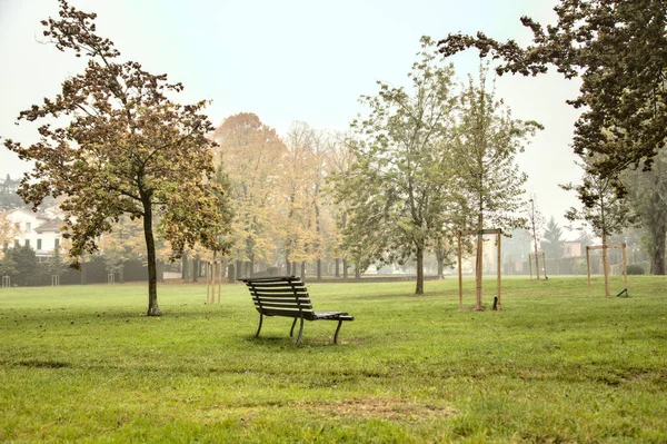 Bench Egy Parkban Egy Ködös Napon Ősszel — Stock Fotó