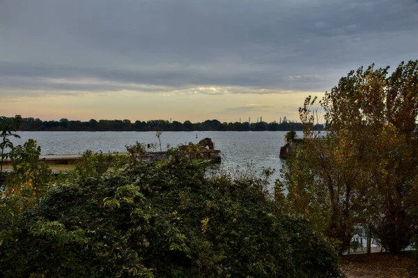 秋の曇りの日に木の上の岸から見た川 — ストック写真