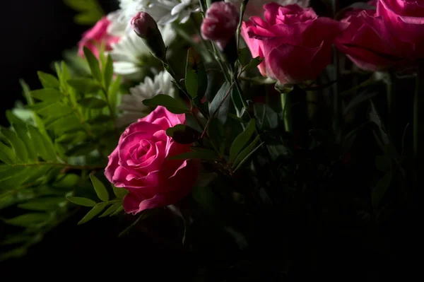 Bouquet Pink Carnations Rose White Chrysantemums Pink Gerberas Black Background — Stock Photo, Image