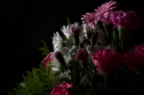 Bouquet Pink Carnations Rose White Chrysantemums Pink Gerberas Black Background — Stock Photo, Image