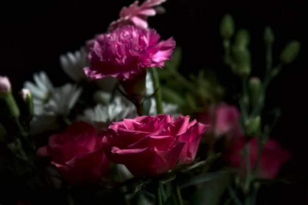 Bouquet Pink Carnations Rose White Chrysantemums Pink Gerberas Black Background — Stock Photo, Image
