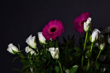 Beyaz güller, kasımpatılar, mor gerberalar ve siyah arka planda güller.