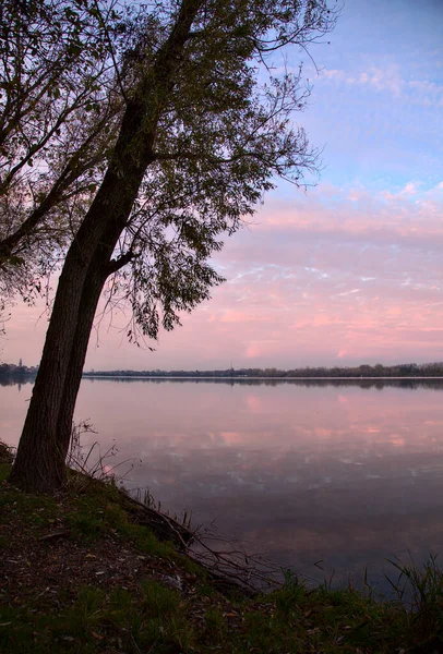 Árboles Rocas Orillas Lago Atardecer Otoño —  Fotos de Stock