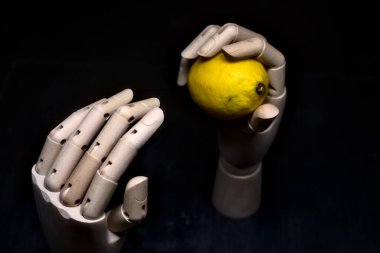 Biri limonu ararken diğeri limonu tutan tahta bir el.