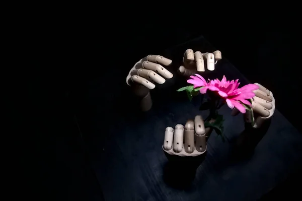 Two Wooden Hands Giving Gerbera Two Wooden Hands Longing — Stockfoto