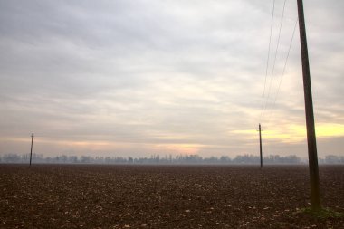 Bulutlu bir günde, sonbaharda İtalya 'nın kırsal kesimindeki bir tarlada tahta elektrik direkleri.