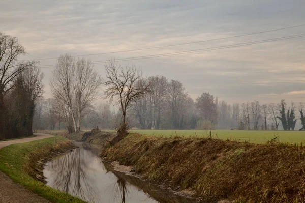 Potok Vody Podzim Venkově Holými Stromy — Stock fotografie