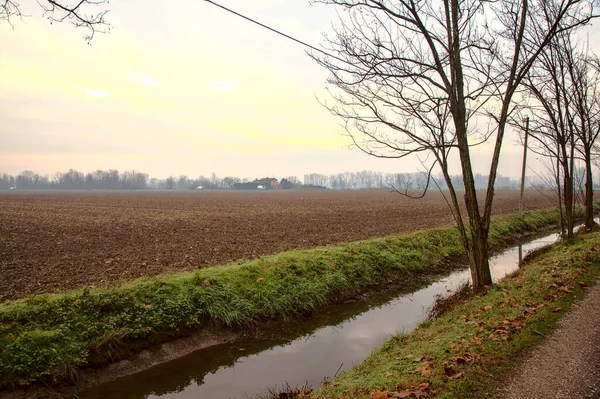 Waterstroom Herfst Het Platteland Met Kale Bomen — Stockfoto