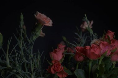 Siyah arka planda kırmızı küçük güller ve turuncu karanfiller.